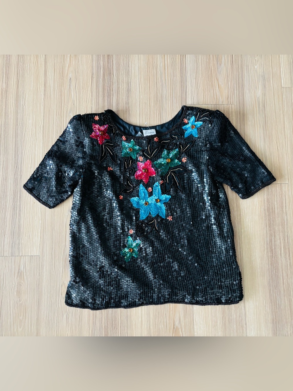 VTG Elegance By Anujan Top Black Floral Sequin Silk Short Sleeve M NWT Formal